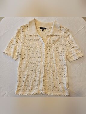 Skies Are Blue Ivory Open-Knit Collared Top, Women's Small, 100% Cotton